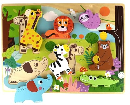 Tooky Toy 3D Kinder Holz-Puzzle Tiere, 8-teiliges Steckpuzzle, ab 12 Monaten, Farbe:braun