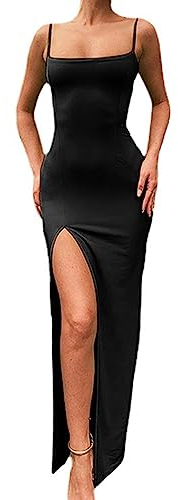 KOEMCY Vestito Donna Spaghetti Strap Bodycon Vestito Estivo Abito da Cocktail Sexy Senza Maniche Lungo Vestito con Spacco Abito Aderente Festa (Nero, S)