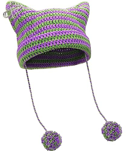 XYIYI Lila Grün Häkelmützen für Frauen Fuchs Strickmütze mit Pompons Grunge Goth Zubehör Slouchy Beanies für Damen Mädchen