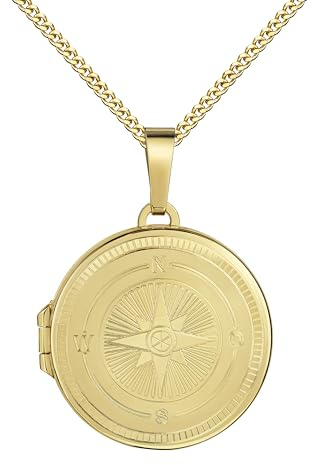 JEVELION Medaillon Anhänger für 2 Bilder 8 Karat 333 Gold Bild Amulett rund mit Kompass-Gravur zum Öffnen mit Halskette