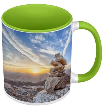 Mug de Couleur Qualité Premium Vert - Cairn Soleil Levant Montagnes Rocheuses Nature Canyon Montagne - Tasse avec anse et intérieur de couleur
