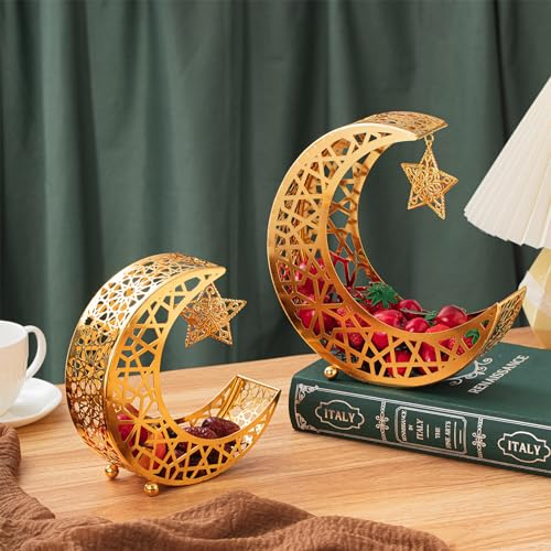 LOYIM 2 Stück Goldene Ramadan Mond Stern Serviertabletts Eid Mubarak Tablett Muslimische Stern Mond Tabletts Islamische Dessertteller Dessert Lebensmittel Aufbewahrungsbehälter für Party, 2 Größen