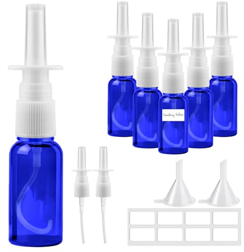 Furuising 6 Stück Nasen Sprühflaschen,30ml Glas Nasenspray, Wiederverwendbar Blau Leerer Nasens Sprühflasche Klein mit Etiketten,Düsen,Trichter für Parfüm,ätherische Öle,Kochsalzlösung