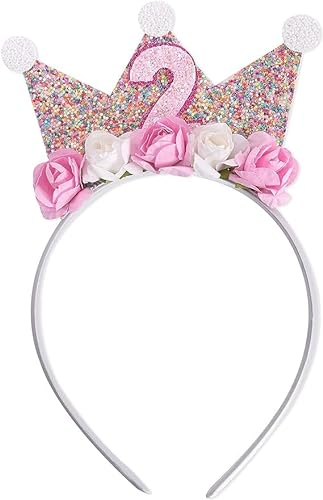 JIOLINK Geburtstagskrone Baby, Prinzessin Krone Geburtstag Stirnband mit Rose Blumen, Geburtstag Kronen Mädchen Stirnband für 2/3/4/5 Jahr Baby Kinder Geburtstag Party (2)