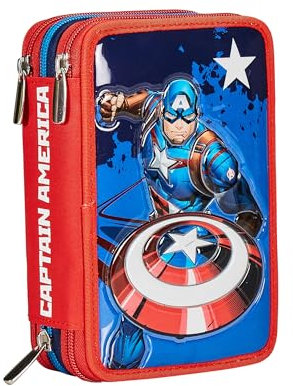 Seven Federmäppchen für die Schule mit 3 Fächern, Disney Captain America – Legend Avange, blau rot – Federmäppchen mit Mehreren Fächern mit Bleistiften, Stiften und Farben, Zubehör Rucksack,