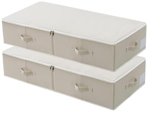 Faltbare Unterbett Aufbewahrungsbox mit Kunststoff-Stützfutter,Decken Kleidung Tröster Aufbewahrungsbehälter Organizer für Schlafzimmer und Schrank, 90×42×18cm, Beige, 2PCS