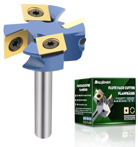 BALUGAEA Planfräser für Oberfräsen mit 8 mm Schaft – 38,1 mm Schnittdurchmesser – ausgestattet mit 4 austauschbaren TiN-beschichteten Hartmetallmessern 12 x 12 mm, Blau