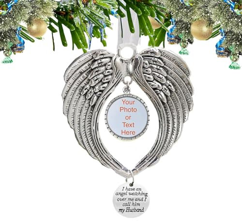 BTORER Weihnachtsschmuck Engelsflügel mit Blanko-Foto-Anhänger – I Have a Angel Watching Over Me I Call – Hängende Gedenkfigur Weihnachtsbaum hängende Dekoration im Himmel Gedenkgeschenk (Ehemann)