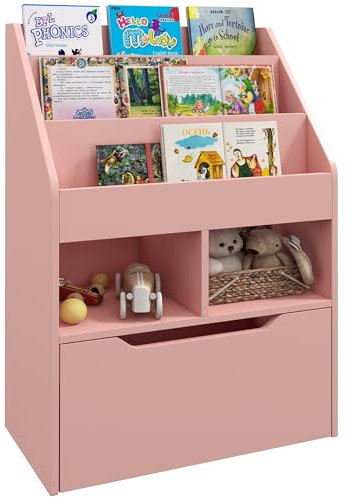 HOMCOM Kids Bookshelf with Storage Drawer, Children's Bookcase with Wheels, Toy Organiser for Bedroom, Playroom - Pink