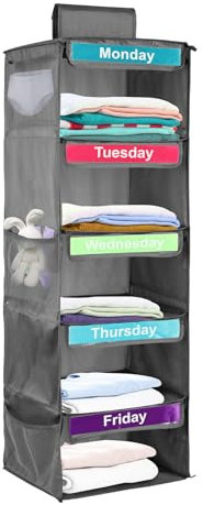Weekly Clothes Organiser for Kids, 5-Shelf Hanging Storage Organiser for Daily Clothes, Day of The Week Children Clothes Organizer, Monday to Friday Wardrobe Storage for School Uniform Hats (gray)