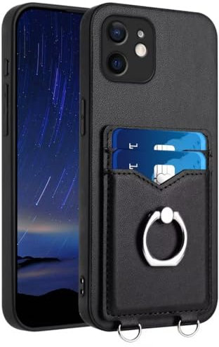 for iPhone X/XS Case with Card Holder Wallet Case with Finger Ring Kickstand Leather Phone Cases for Women Men Shockproof Protective Cover for iPhone X/XS,black