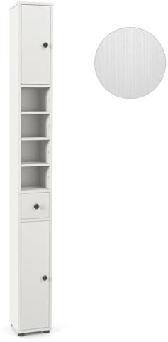 LIFEZEAL Armario Alto 180cm, Armario Alto de baño con 2 Puertas y 1 cajón, Mueble Auxiliar con 5 estantes Ajustables, Organizador para Espacio pequeño (Blanco2)