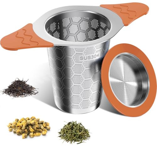 Filtre à Thé, Infuseur Thé en 304 Acier Inoxydable, Avec poignée et couvercle en silicone, Maille fine, Réutilisable Infuseur à Thé, Universel pour Théière, Mug, Tasse, Bouteille, Verre - orange