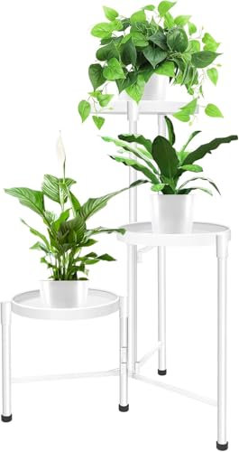 Giftdecor Supporto per Piante a 3 Livelli, Espositore in Metallo per Vasi da Interno, Portafiori Moderno con Vassoi Rotondi H 62cm (Bianco)