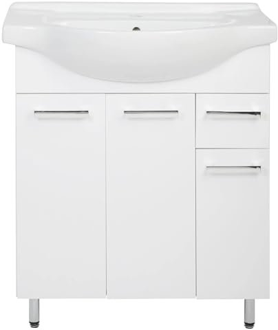 VBChome Badezimmer Set 76x86x49 cm Weiß mit Keramik-Waschtisch und Waschtischunterschrank mit verstellbaren Beinen – Traditioneller Stil geräumiger Schrank mit DREI Türen und Einer Schublade