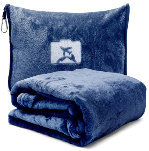 Couverture de Voyage et Coussin de Voyage 2 en 1, Couverture de Voyage Avion, avec Bagages et Clip, Douce et Chaude Couverture Douillette d'avion pour Avion, Voiture, Bureau, 127x152cm, Bleu Foncé