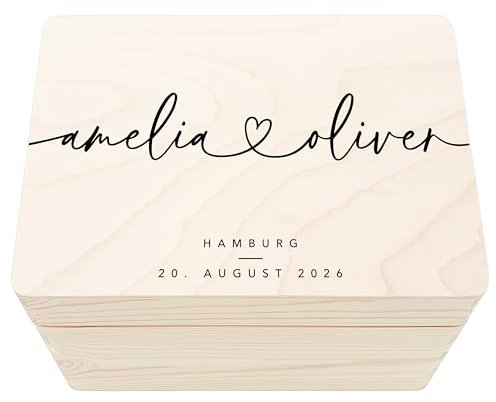Erinnerungsbox Hochzeit personalisiert mit Namen Hochzeitsgeschenk für Brautpaar Herz Holzkiste Erinnerungskiste Geschenkkiste Hochzeit Geschenkbox 30x20x13 cm