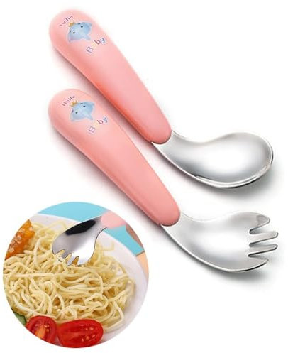 CUEMOON Kinder Besteck Set Gebogener Griff Training LöFfel Gabeln Edelstahl Baby LöFfel Gabel Gebogen FüTterlöFfel Baby LöFfel Gabel Set Griff HitzebestäNdig, Selbstlernende LernlöFfel