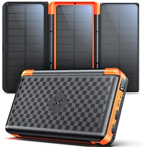 63200mAh Solar Power Bank, Wireless Powerbank mit 3 Solarpanel Faltbar, 22.5W PD Schnellladung, 5 Anschlüsse, 5 Ausgängen, Flashlight, Display, Solar Akku Powerbank Groß für Camping Outdoor (Orange)