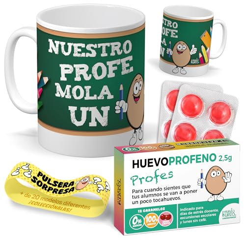 Kit regalo personalizado para profesores | Taza Nuestro profe mola un huevo + Caramelos divertidos + Pulsera sorpresa | Regalo divertido, original y único para fin de curso, cumpleaños, navidad.