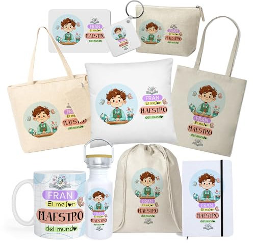 Kembilove® Pack regalo personalizado para maestro | Taza y bolsa profesores con nombre | Regalos fin de curso maestros | Detalle original personalizado para profesor infantil o primaria