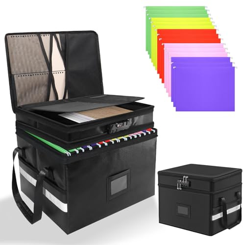 ZYNERY Fireproof Document Box, 2 Layer Collapsible File Box with Lock and 15 Pcs Suspension Files Collapsible File Storage Box with Zippers and Inserts Bag for Letter Legal Folder