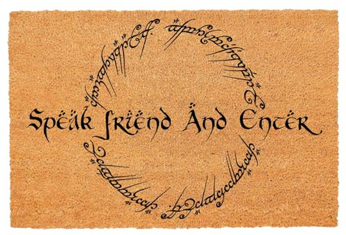 Lustige Kokosfaser-Fußmatte, Willkommens-Matten mit robuster Eingangsmatte für Veranda, Terrasse, Eingang, natürliche Kokosnuss, Braun, Geschenkidee, 60,2 x 39,9 cm (Speak Friend And Enter)