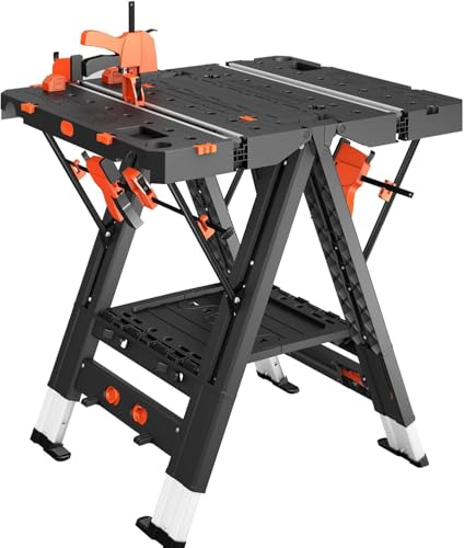 Anyyion Work Bench,2-in-1 Folding Work Table and Sawhorse, 31 W x 25 D x 28”-31 H,Easy Setup Portable Workbench, 4pcs Clamps, 4pcs Bench Dogs