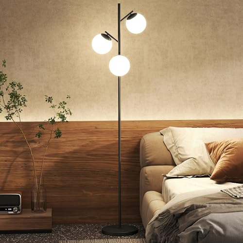 HOMCOM 3-Light Tree Floor Lamps for Living Room, Modern Standing Lamp for Bedroom with Globe Lampshade, Steel Base, Bulb not Included, Black