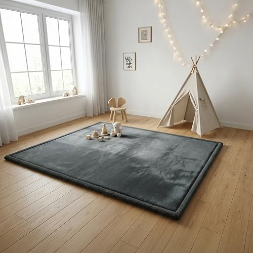 FRIEDO Krabbelmatte Baby I ÖKOTEX zertifiziert I 140x200cm anthrazit I Extra dick und weiche Spielmatte, Spielteppich I Rutschfester, wasserabweisender Teppich für Wohn und Kinderzimmer I Tatami Matte