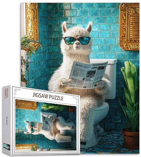 Alpaka auf der Toilette Puzzles 1000-teiliges Puzzle für Erwachsene Tier-WC Zeitung lesen Herausfordernde Familienaktivitätsspiele Buntes DIY-Bastelpuzzle für Wohnaccessoires Geschenke