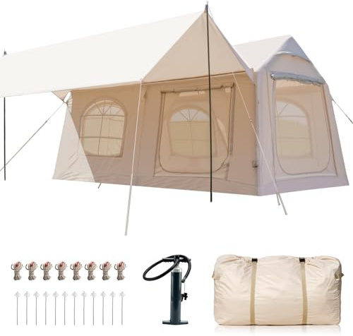 Ytaoeo Inflatable Tent, Outdoor camping tent (10 Person Khaki + Canopy)