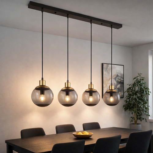 LED Hängelampe Glas modern Pendelleuchte Rauchglas Hängeleuchte schwarz, 4 flammig Metall Glaskugeln messing Retro, 4x 6,5W 806Lm warmweiß, LxBxH 75x15x110cm