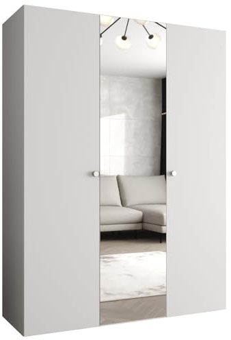 MEBLE KRYSPOL - Kleiderschrank - Garderobenschrank - 150 cm x 202 x 52 cm - Schrank mit Kleiderstange und Spiegel, 3 Türen - für Schlafzimmer, Flur - Parma, Weiß, Griff Silber