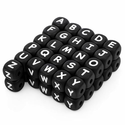 Classicseali 52PCS Silicone Alphabet Beads,12mm A-Z Silicone Letter Beads,Square Letters Bead for Bracelet Making, for Bracelets and Keychains, Necklaces and Lanyards Making