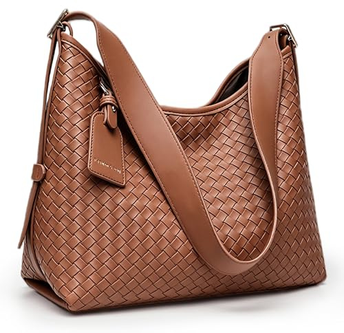 Gluckstar Damen Handtasche, Mittelgroße Hobo Tasche, Geflochten PU Leder | Braun Elegante Tote Bag Mit Geräumigem Innenraum, Modernes Design Für Büro, Alltag, Shopping Und Reisen