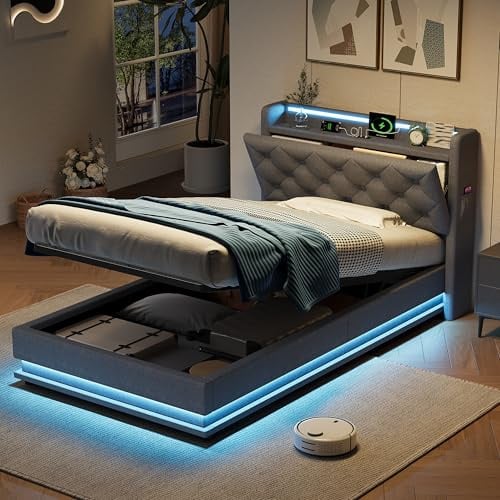 Httcg 3ft Upholstered Single Bed Frame Ottoman Bed with LED Light and USB Type C, Single Beds Storage Beds with Hydraulic Storage and Button Tufted Headboard, 90x190 cm, Grey, Linen, No Mattress