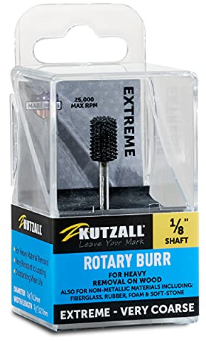 Kutzall Extreme Cylinder Burr, 1⁄8 Shaft, Very Coarse - Woodworking Attachment for Dremel, Foredom, Milwaukee, etc. Abrasive Tungsten Carbide, 1⁄4 (6.3mm) Dia. X 1⁄2 (12.7mm) Length, CX-14-EC