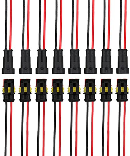 QitinDasen 8 Set 2 Pin Coche Impermeable Cable Eléctrico Conectores, Kit de Enchufe de Clavija de Conector Eléctrico Impermeable Sellado con 16 AWG Precableado, para Coche Camión Barco