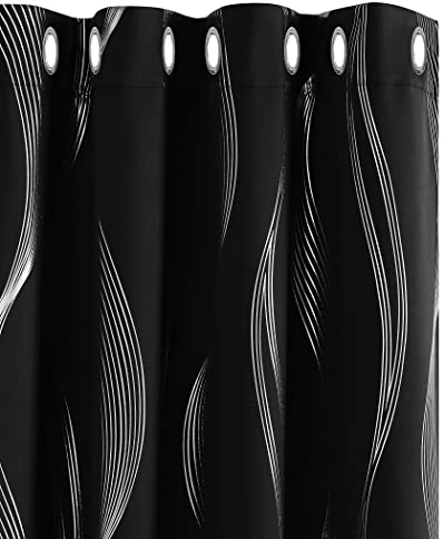 Deconovo Black Curtains for Bedroom 72 Inch Drop Silver Foil Printed Wave Line Blackout Curtains Thermal Insulated Energy Saving Eyelet Room Darkening Curtains 46 x 72 Inch Black 2 Panels