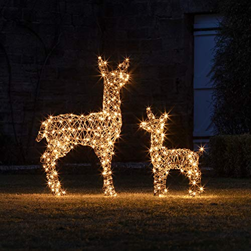 Lights4fun Studley LED Rattan Rentier Figur REH und Rehkitz 98 und 60cm Timer Weihnachtsbeleuchtung Außen und Innen
