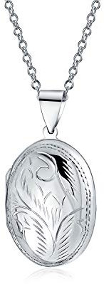 Bling Jewelry Vintage Stil .925 Silber Ovaler Fotomedaillon Halskette Anhänger Für Frauen Personalisierbar Mit Graviertem Blumenblatt Design Kleine Medaillons, Die Bilder Halten