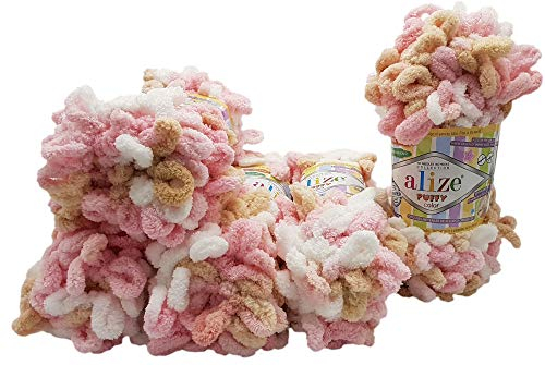 5 x 100 Gramm Strickwolle Alize Puffy Color, 500 Gramm Fingerstrick - Wolle mehrfarbig super bulky, Schlaufenwolle, Stricken ohne Nadel (beige rosa weiss 6046)