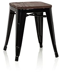hjh OFFICE 645041 Metall Hocker VANTAGGIO W Schwarz/Holz Sitzhocker im Industry-Design mit Holz-Sitzfläche, stapelbar, niedrig