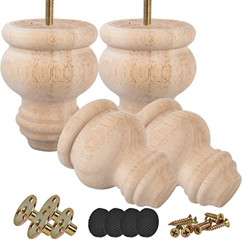 Btowin 8cm Unfinished Holz Möbelfüße, 4 Stück Unlackiert Round Spindel Massivholz Tischbeine Kugelfüße mit M8 Bolzen & Montageplatten & Schrauben für Sofa Couch Bett Ottomane TV-Ständer