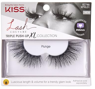 Kiss Lash Couture Triple Push Up XL Collection False Eyelashes, 3D Volume in Extra Long Length with Triple Design Technology, Cruelty-Free and Reusable, Style 'Plunge', 1 Pair Fake Eyelashes