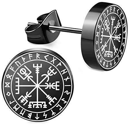CHICNET Edelstahl Ohrstecker schwarz 8mm 10mm Viking Celtic Nordic Wikinger Norse keltisch Ohr Schmuck Chirurgenstahl Unisex weiß Tribal Männer Damen Herren Vegvisir