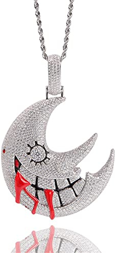 ICEDIAMOND Shiny CZ Lab Diamant Grinsende Halbmond Halskette, Iced Out Zirkon Gothic New Moon Anhänger, Vergoldete Hip Hop Charm Schmuck für Männer (White)