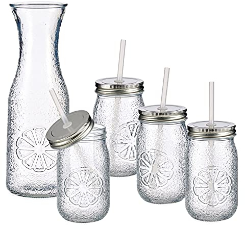 MamboCat Lima Wasserkaraffen Set 5 teilig I 4 Trinkbecher mit Deckel und Strohhalm 400 ml + Glaskaraffe 1 Liter I Saftkrug & Cocktailgläser mit Zitrusfrucht Ornament Deko I Vivalto Smoothie Becher