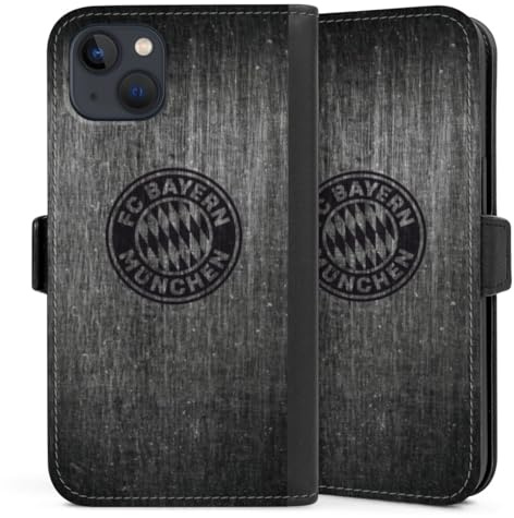 Klapphülle kompatibel mit Apple iPhone 13 Handyhülle aus Kunst Leder schwarz Flip Case Metallic Look FCB FC Bayern München